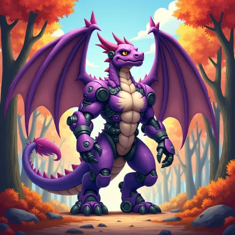 A huge mechanical robotic purple muscular winged dragon furry jock stands against the backdrop of an autumn forest in cartoon style 