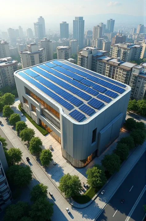 Image of an institution with solar panels 
