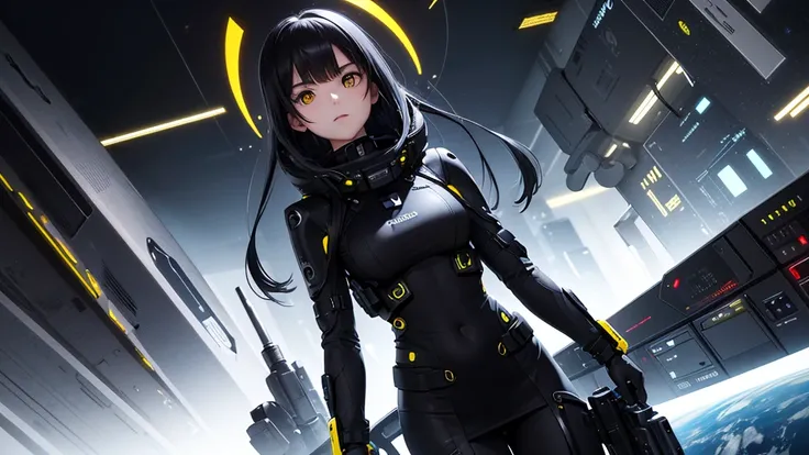 from future intelligence, technology background, complex mission, sudden mystery, unexpected result, unknown variables, strange data, confident look, space black pioneer dress, yellow eyes, black hair