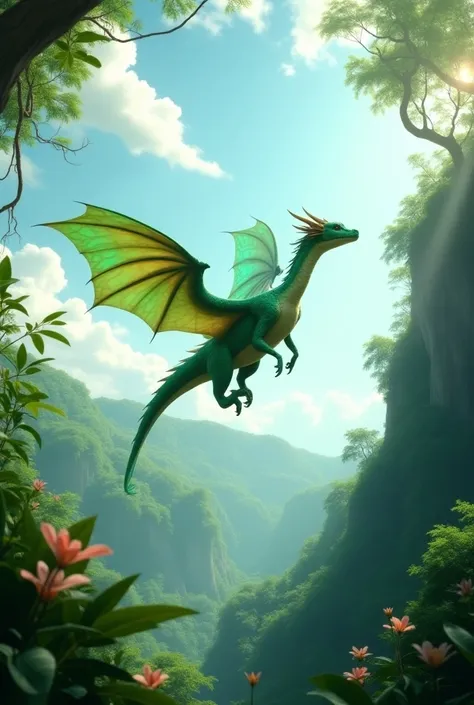 Green friendly dragon flying in the sky of jungle