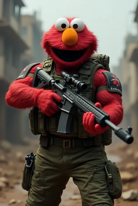  and a muscular sniper with Elmos face holds a gun、 looking at us 。Front image of the upper body 、Combat Uniform、The background is a battlefield and fighter 