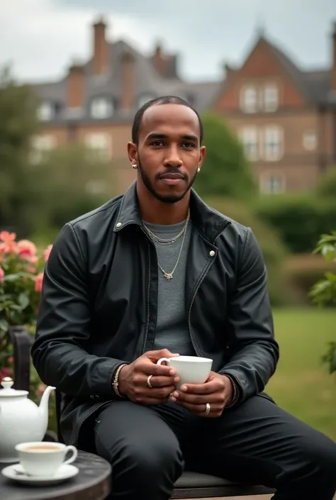 " A portrait of Lewis Hamilton sitting in a relaxed position outdoor ,  wearing a modern jacket and dark pants ,  with subtle accessories such as rings and bracelets .  He holds a delicate porcelain cup in one of his hands ,  with a classic teapot next to ...