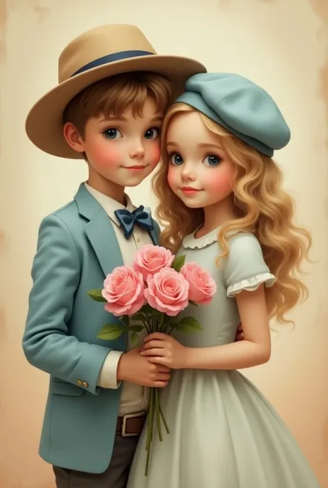 "Create a charming, vintage-style portrait of two young ren, a boy and a girl, standing close together. The boy is dressed in a light blue jacket, white shirt, and a wide-brimmed beige hat, with a blue tie or bow. The girl wears a light, short-sleeved dres...