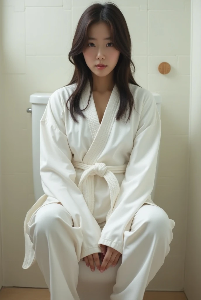 A pretty Korean girl in a white taekwondo suit is sitting on the toilet and masturbating