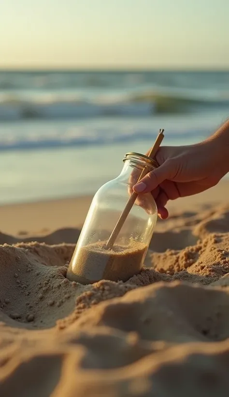 cinematic, Message to the universe :  A person writing a letter or message and placing it in a glass bottle,  that he then leaves in the sand near the sea .  The scene symbolizes sending sincere thanks and waiting for new blessings .