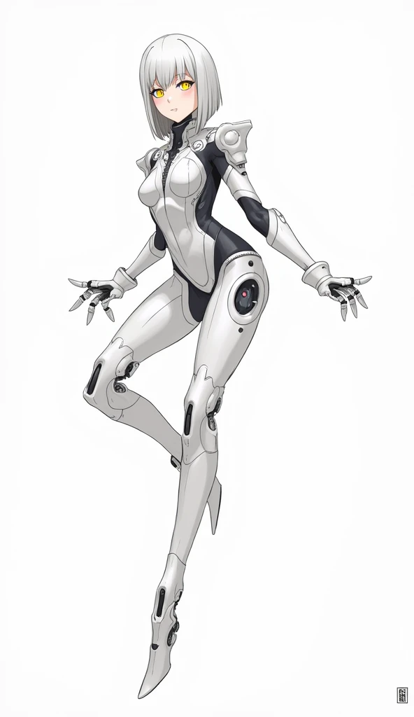  a drawing of a woman in a suit with yellow eyes ,  concept art inspired by Krenz Cushart ,  Art station , Conceptual art,  Mecha Blanca Ferra , Mecha fe,  girl in cybernetic wick armor ,  robotic anime mixed with organic , Inspired by mechas,  full body m...