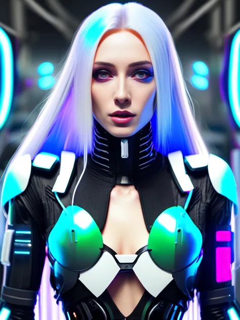 High definition photography, Hacker, bright face , Teenage girl, pretty white skin, Beautiful breasts, longhair, cyberware, tech-gear, Suit-futuristic, colorfulstyle, 