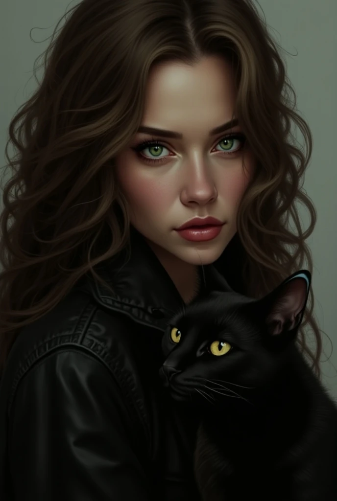 A woman with long wavy brown hair in drill style, who has sexy features ,  green or blue eyes and who has a black cat  