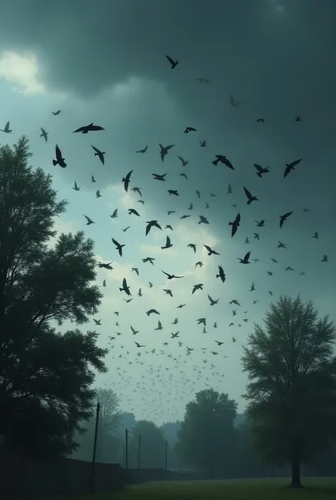 Birds fleeing from trees to catch dark clouds