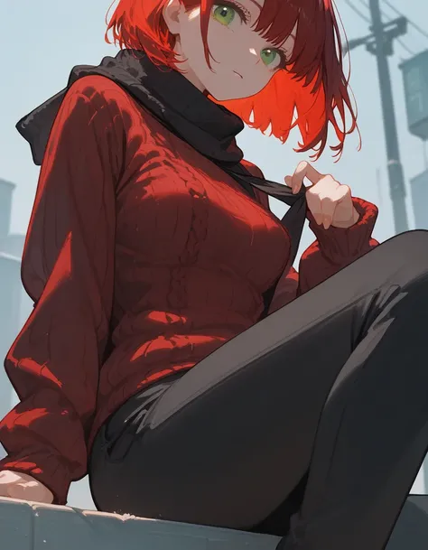 (Close up), score_9, score_8_up, score_7_up, (bang), 1girl, sitting, red hair, bob haircut, green eyes, ((pose)), (hips), hands, fingers, Anatomically correct, medium breast, (black trousers), burgundy sweater, black scarf, outdoor
