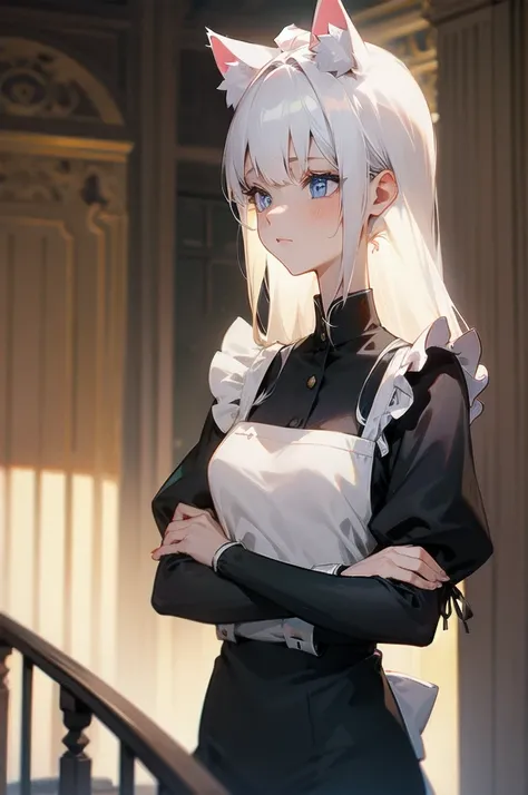 (Absurd), cute girl, upper body, slim body, perfect body, legs out of frame, maid outfit, cat ears, (albino), [castle, balcony], thinking, sitting lazily on a chair