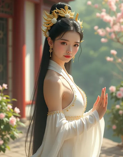 A Chinese princess, a woman with long straight hair, wears a white Chinese dress with elegant, simple long shoulders, an abundance of golden swan-shaped hair ornaments, in a palace with flowers, looking at the camera , Use Kung Fu Fighting Pose