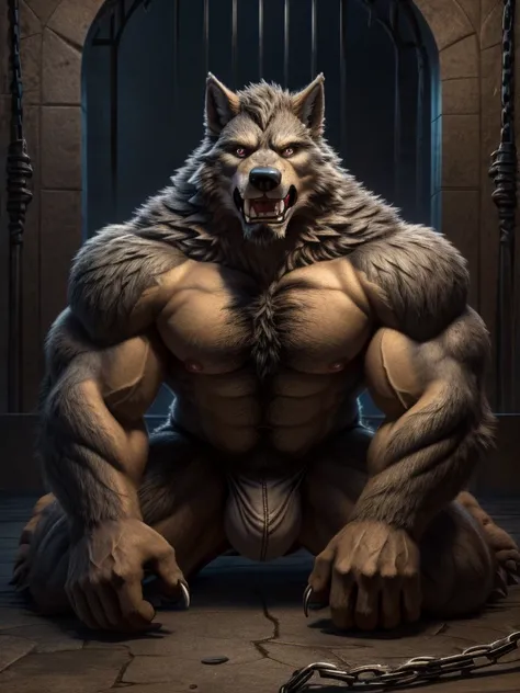 ((  best quality )), (( masterpiece )), ((4K)) (((  alone ))),  Transform into a werewolf   ,   perfect face  , Full body display，  alone ,Orcs,prison ，Humanoid wolf  , Muscular development,Masculine charm ,((naked)),(  meticulous eyes  ,wolf eye),((( Toe ...