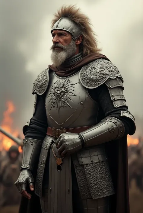 A Tranquil Middle-Aged Superhero
Wearing European-style full-body armor
There is a very fine pattern on the top
With a lion on a helmet as decoration
Hold a brooch
The body is a posture prepared for attack
The background is on the battlefield