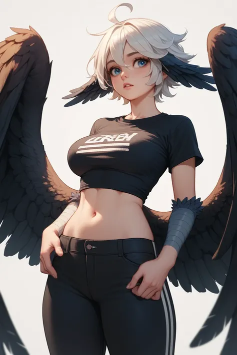  harpy with giant tits with black clothes and large wings and white completely without clothes and insinuating herself with her tits,  open-toed pants, very short clothing glued to the body , Very short shirt designed around the body like the one from Kais...