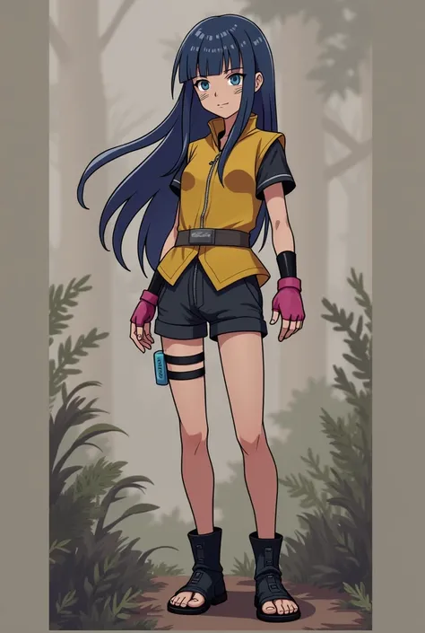 

"A full-body illustration of a young female Shinobi with straight, long  dark blue hair and striking blue eyes, wearing a yellow jacket with short black sleeves integrated into the design. She has pink fingerless gloves, adding a touch of color, and two ...