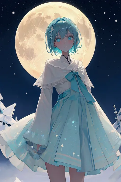 masterpiece,Full Moon( light blue and green hologram） ,Best Quality, ( silhouette :1.3),  short hair , juvenile, glowing eyes,  beautiful eyes, star (null), throw, snow, <Laura: silhouette -000012:0.8