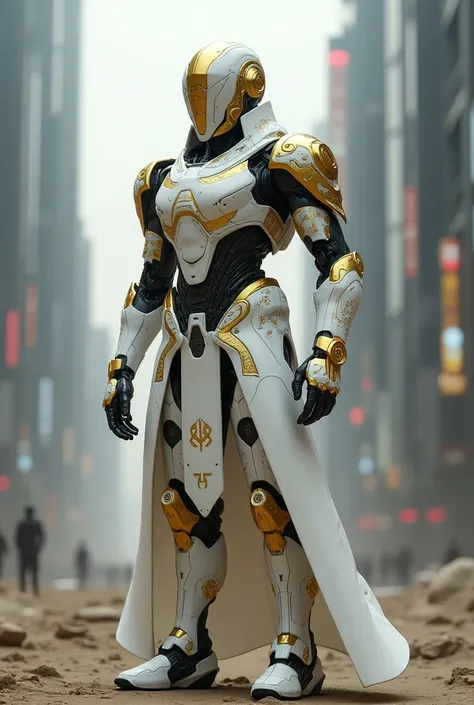 Futuristic  war robort as a muslim with white and golden armed  suit and helmet 