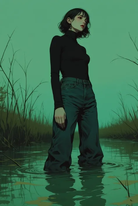  Woman in sexual tension , turtlenecks and flared jeans , drowning in a swamp of quicksand, green,sky, red lips, turns, dusk noir, side view