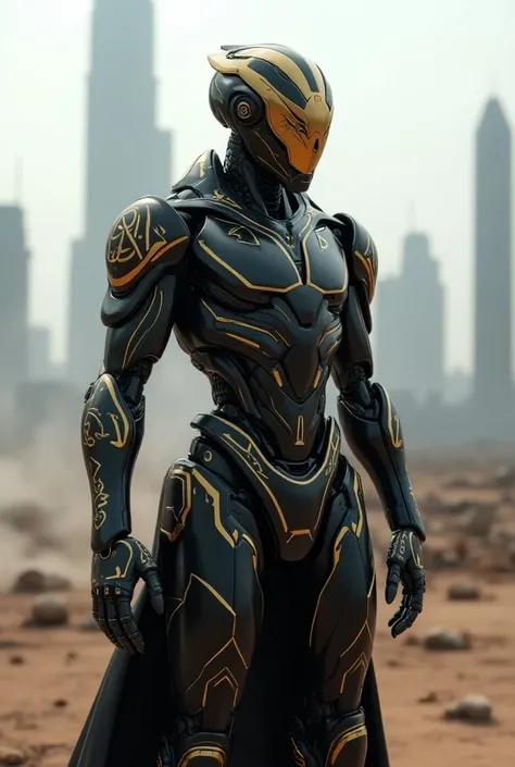 Futuristic  war robort as a muslim with black and golden armed  suit and helmet 