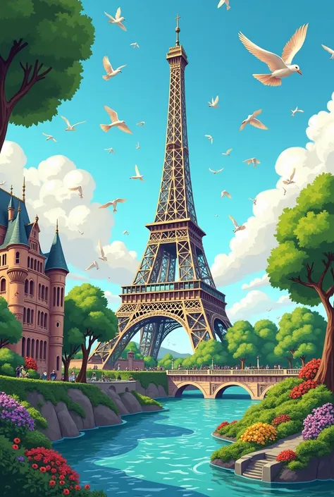 A day at the Tower of Paris with vegetation, the striking sky with lots of birds  ,people in the walking background  ,, a large kings house and a small pier under the water in a cartoon