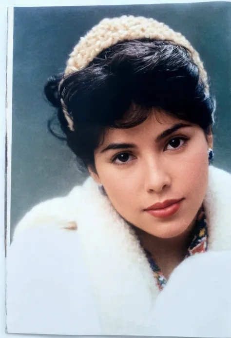 a close up of a person wearing a hat and a scarf, around 1 , photo of a woman, in 1 9 8 5, about 3 , 1980s photo, 1 9 8 0 s photo, inspired by Elaine Duillo, photo of young woman, selena quintanilla perez, aged 2 5