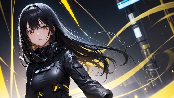 from future intelligence, technology background, complex mission, sudden mystery, unexpected result, unknown variables, strange data, confident look, space black pioneer dress, yellow eyes, black hair