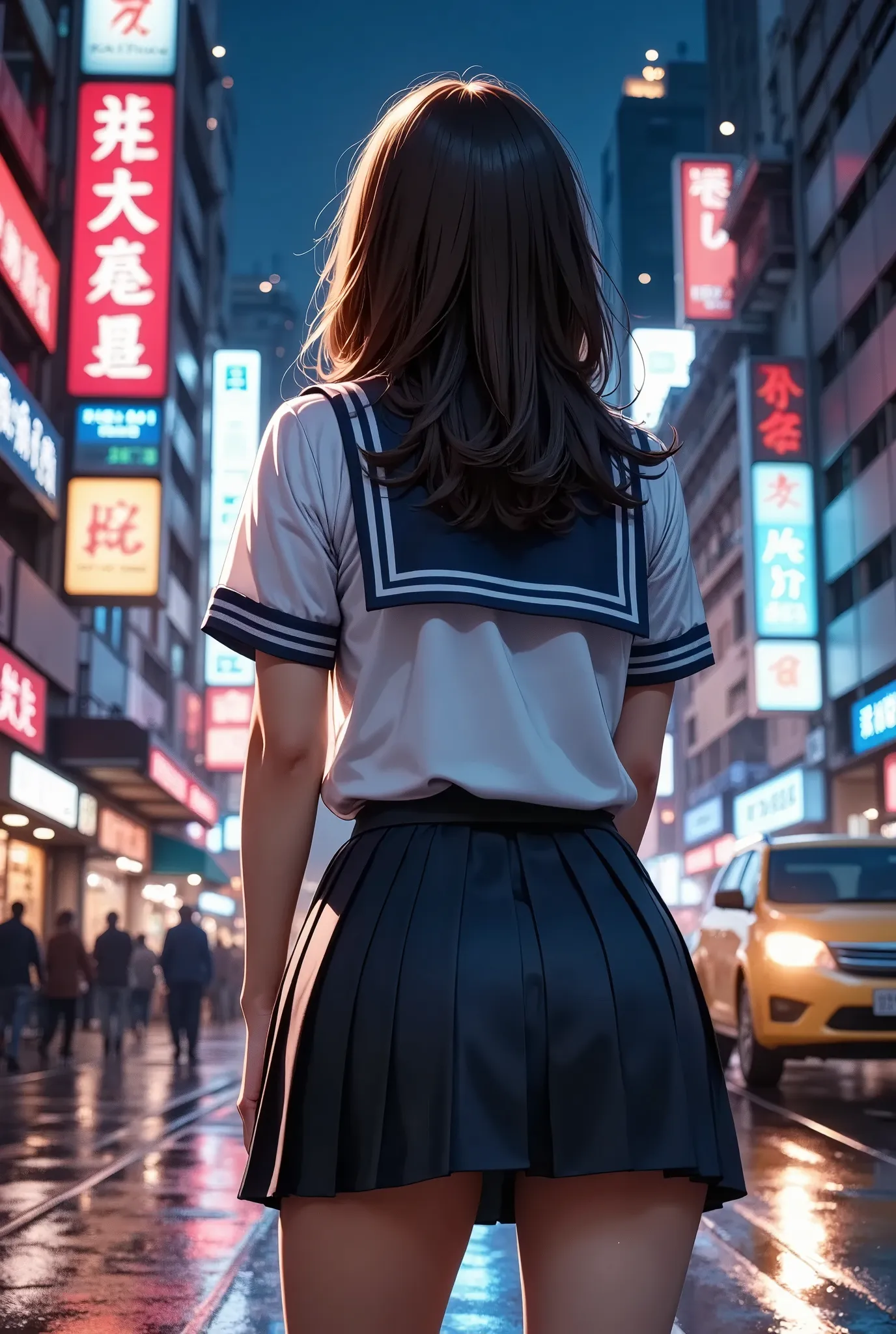  young female students in the city at night, Rear view, Rear View, uniform,  sailor suit,  pleated skirt,  lonely atmosphere , Standing at night , neon,  city buildings , Rainy Night, atmosphere, unevenness , Cinematic,  dramatic lighting ,  high quality, 8k,  Details, Realistic