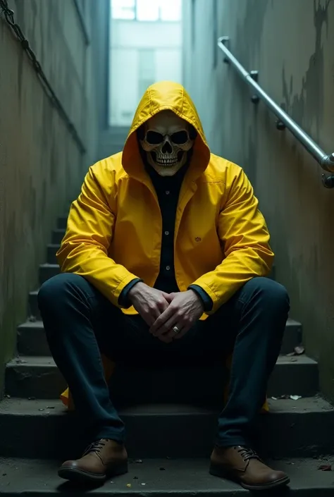 Muscular man in yellow raincoat with skull mask
Sitting on the stairs 