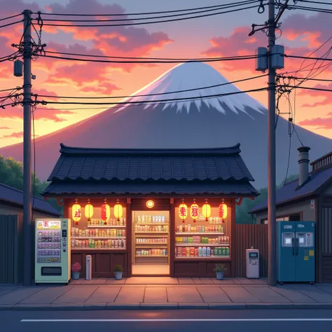 "Create a sunset scene featuring a traditional Japanese convenience store with a mountain, resembling Mount Fuji, in the background. The sky is filled with vibrant orange and pink clouds, casting a warm glow over the scene. The store has a rustic wooden ex...