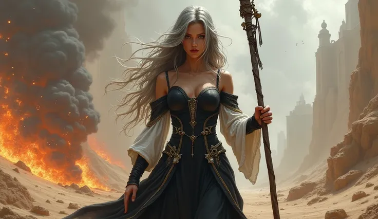 a close up of a woman with long ashen-grey hair and a black and white dress on a battlefield in a desert, realistic, dark fantasy, epic fantasy, she has a staff in her hand, battlefield background with s, blood, magic spells, fireballs