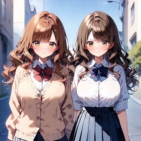 (Masterpiece, Top quality: 1.5), (large breasts:1.3), (Cardigan, dress shirt, Pleated skirt:1.4), standard weight, ( brown hair:1.4), (airy hair, wavy hair:1.3), long hair ,asymmetry bangs, swept bangs, junior high school student, angry, (flustered:1.3), b...