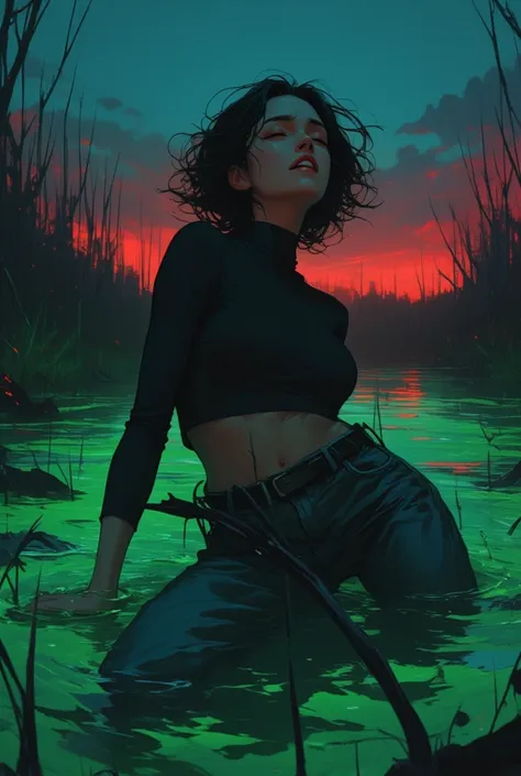  Woman in kinky orgasm , turtlenecks and tight flared jeans , drowning in a swamp of quicksand, green,sky, red lips, turns, dusk noir, side view