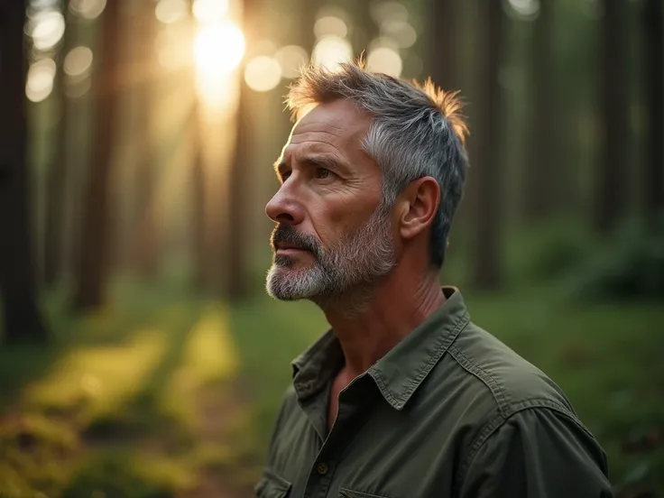 A middle-aged man, about 45 years old,  tanned skin ,  short gray hair and green eyes , Alone in a clearing in the forest .  He is looking around thoughtfully ,  with sun rays filtering through the trees,  symbolizing an invisible orientation .  realistic ...