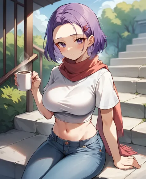 1girl, solo, looking at viewer, blush, short hair, large breasts, hair ornament, navel, closed mouth, sitting, medium breasts, purple eyes, white shirt, purple hair, short sleeves, outdoors, day, hairclip, midriff, stomach, scarf, crop top, arm support, th...