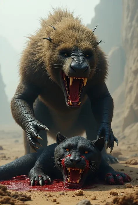 A dead Black panther is lying on the groundand a prehistoric woolly comodo is standing with one foot on top of the black panther.panther face was injured

