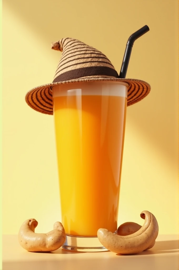 Create an animated image of cashew fruit drinking juice with a Northeastern hat