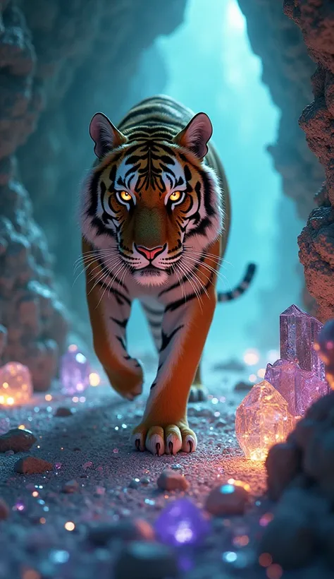 Encounter Prompt: "Deep within a shimmering cave, a tiger prowls, its eyes reflecting the glittering crystals surrounding it. The light refracts off the crystals, creating a kaleidoscope of colors and a mysterious atmosphere as the tiger explores this hidd...