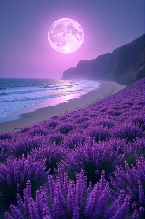 Photo of a flower field by the beach under bright moonlight violet