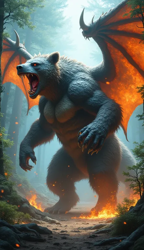  an angry ice dragon merged an angry realistic monstrous bear with fire dragon wings in a forest