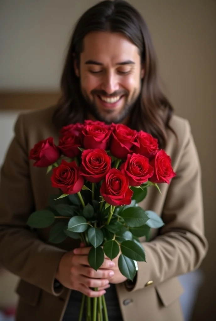 Man holding a bouquet of roses for her birthday