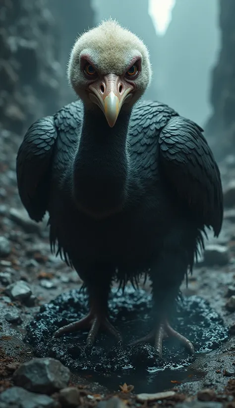 Create an intense scene featuring a pool of bubbling black acid and an aggressive dodo bird facing each other in a hostile standoff. The black acid should appear thick and sinister, with dark, bubbling surfaces and occasional plumes of toxic smoke, emittin...