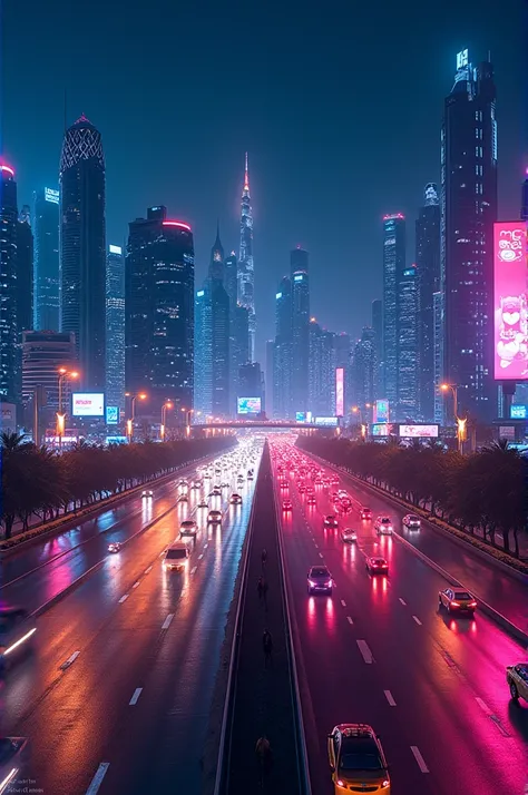 Dubai lights on the highway and people walking 