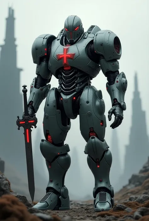 Create a futuristic robotic version of a Knight Templar with a sword and the Templar cross on his chest
