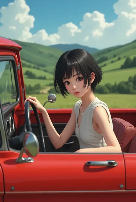 ((Best Quality)), ((masterpiece)), (  Details),  1 girl, Japanese beauty with short hair and short hair driving a red pickup truck