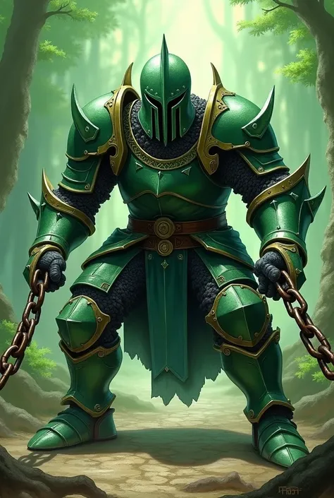 Armored knight, holding chains, crouching, facing this way, single, Dragon Quest Monsters style, green background,