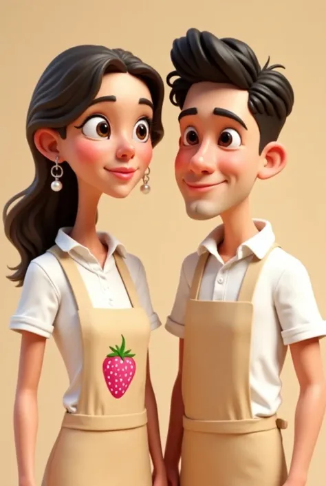 Caricatures type  "Pixar"  3D of a couple of pastry chefs ,  the 20-year-old girl , white t-shirt with collar, a beige apron that has a pink strawberry printed , jeans color pants, loose and long hair, dark brown color,  the dark brown eyes with a subtle b...