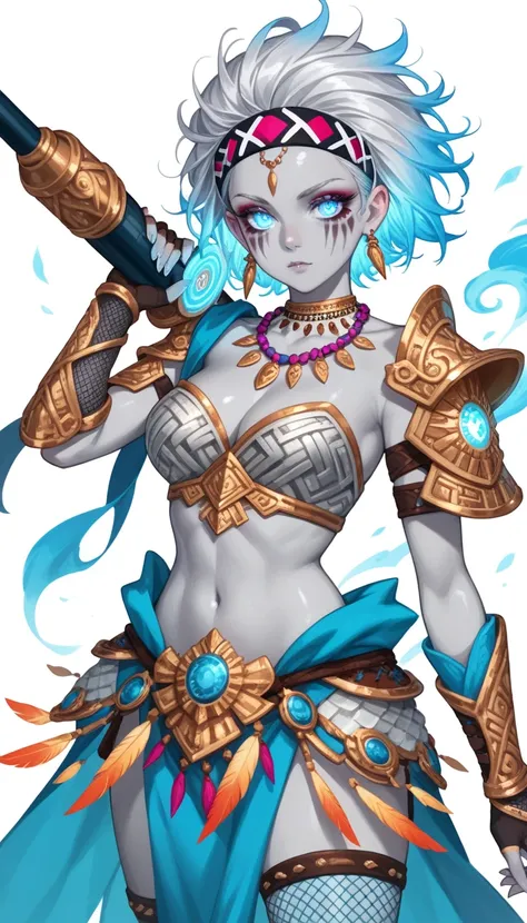 Solo, Silver skinned girl, (silver skin:1.3), really short hair, spiked hair, glowing hair, rainbow colored hair, glowing colorful eyes, Feathered Tribal Headband, Feathery Angelic Armor, Tribal Makeup, Jeweled golden necklaces, Jeweled gauntlets, (Rainbow...