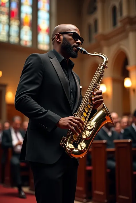 Realistic image of a brown saxophone player playing alto saxophone with black sunglasses and an elegant suit and who is playing in a church in front of many people 