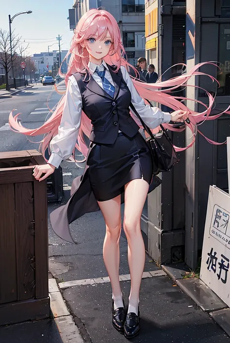 Beautiful,long pink hair, light blue eyes, (wear a white shirt,dark blue tie,black vest,short black pencil skirt,black loafers shoes). standing and smiling.